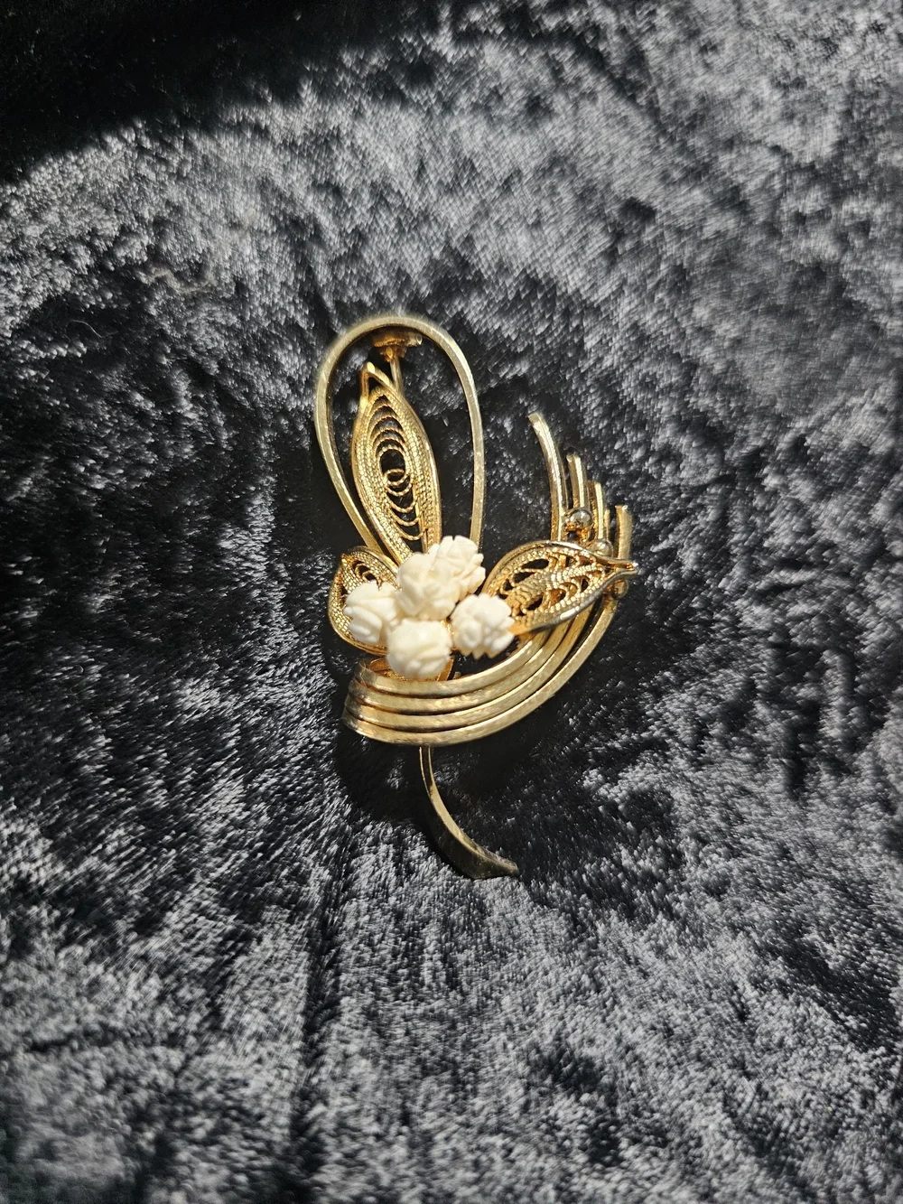 Gold Floral Ribbon Brooch with Cream Flower Accents signed